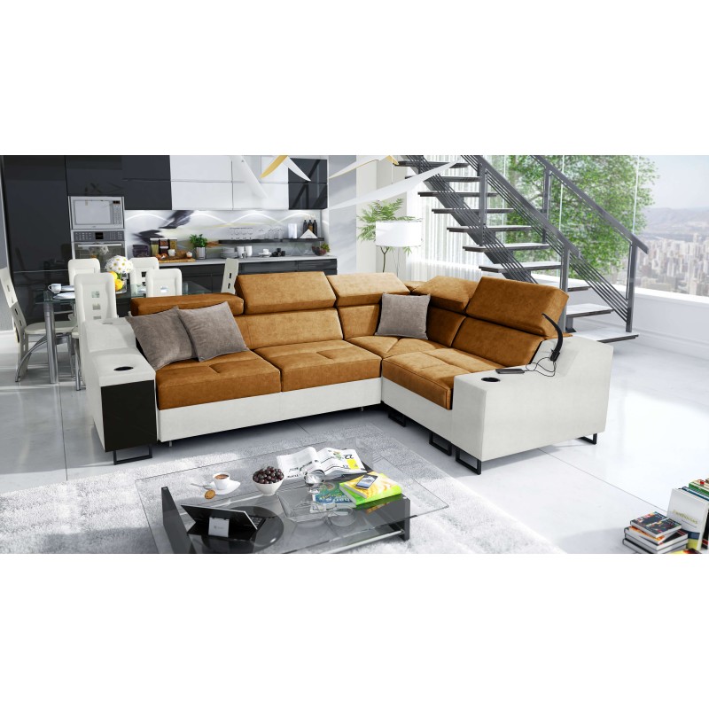 Avanti II corner sofa with a sleeping function and a lamp with a USB port, Whisper 9 fabric + Eco-leather Avanti II corner sofa with a sleeping function and a lamp with a USB port, Whisper 9 fabric + Eco-leather