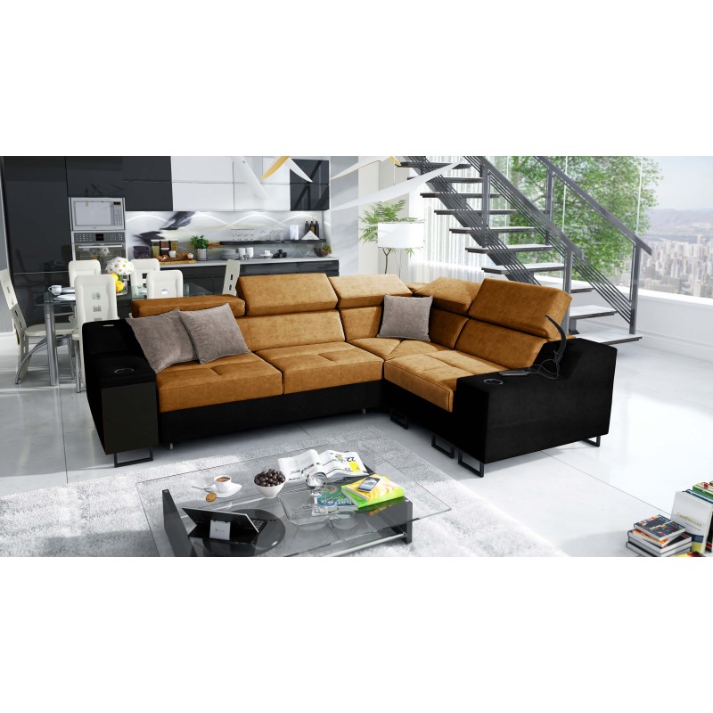 Ecksofa Avanti II mit Schlaffunktion und Lampe mit USB-Anschluss, Stoff Whisper 9 + schwarze Kunstleder Ecksofa Avanti II mit Schlaffunktion und Lampe mit USB-Anschluss, Stoff Whisper 9 + schwarze Kunstleder