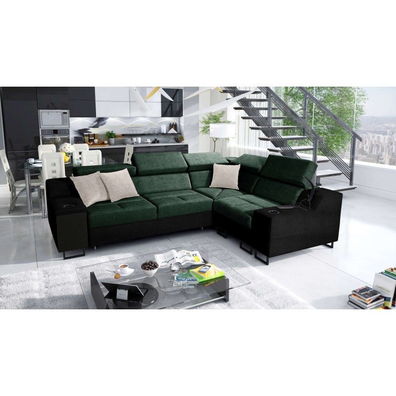 Avanti II corner sofa with a sleeping function and a lamp with a USB port, fabric Whisper 11 + black Ecoskin. Avanti II corner sofa with a sleeping function and a lamp with a USB port, fabric Whisper 11 + black Ecoskin.