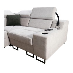 Avanti II corner sofa with a sleeping function and a lamp with a USB port, fabric Whisper 11 + black Ecoskin. Avanti II corner sofa with a sleeping function and a lamp with a USB port, fabric Whisper 11 + black Ecoskin.
