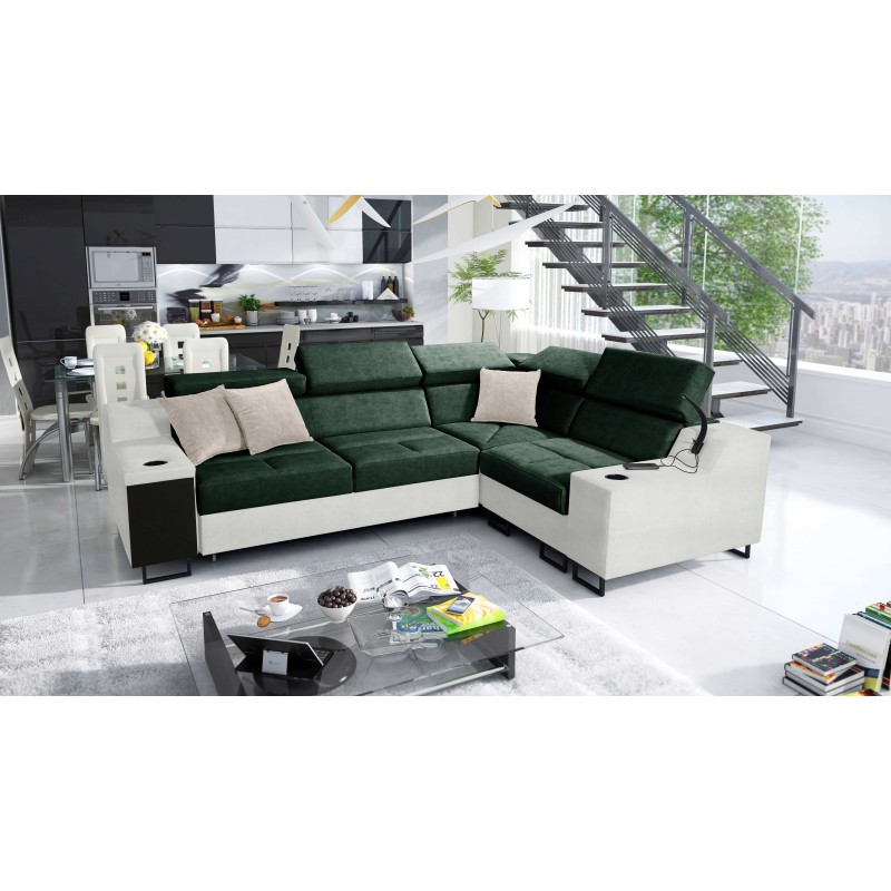 Ecksofa Avanti II mit Schlaffunktion und Lampe mit USB-Anschluss, Stoff Whisper 11 + Kunstleder Ecksofa Avanti II mit Schlaffunktion und Lampe mit USB-Anschluss, Stoff Whisper 11 + Kunstleder
