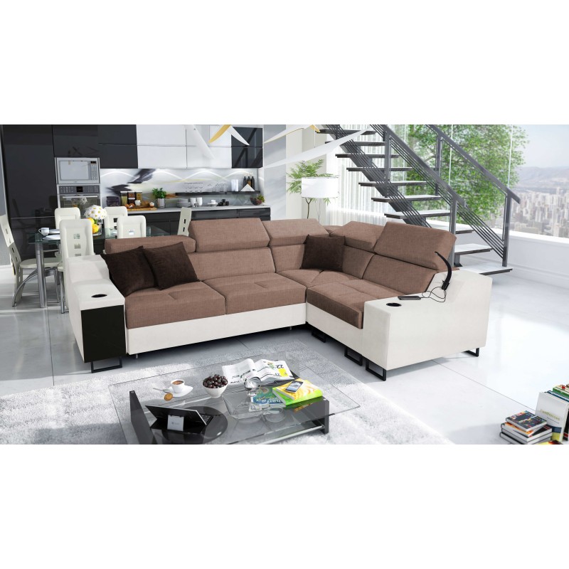 Avanti II corner sofa with sleeping function and lamp with USB port, fabric Sawana 84 + Eco-leather Avanti II corner sofa with sleeping function and lamp with USB port, fabric Sawana 84 + Eco-leather