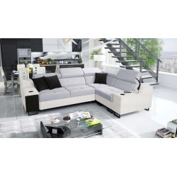 Avanti II corner sofa with a sleeping function and a lamp with a USB port, fabric Sawana 96 + Eco-leather