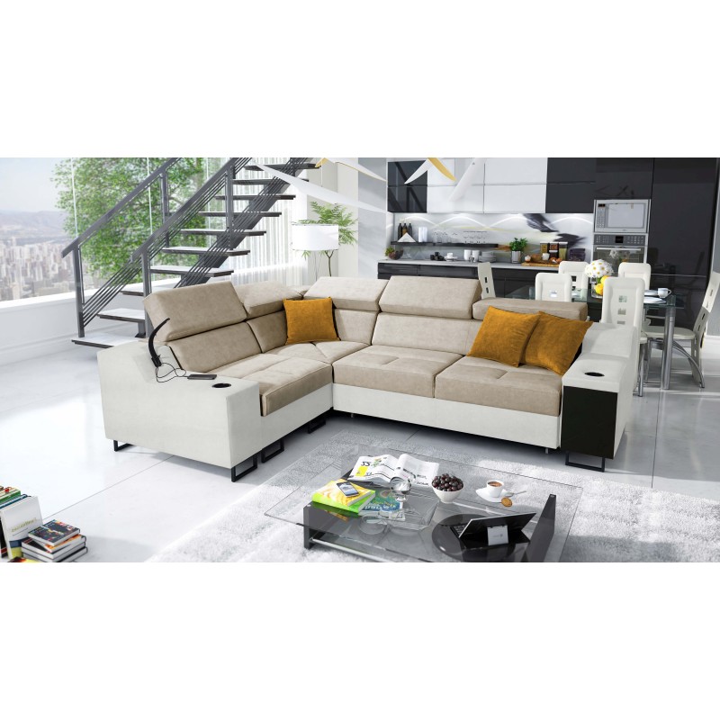 Avanti II corner sofa with a sleeping function and a lamp with a USB port, fabric Whisper 3 + Eco-leather Avanti II corner sofa with a sleeping function and a lamp with a USB port, fabric Whisper 3 + Eco-leather