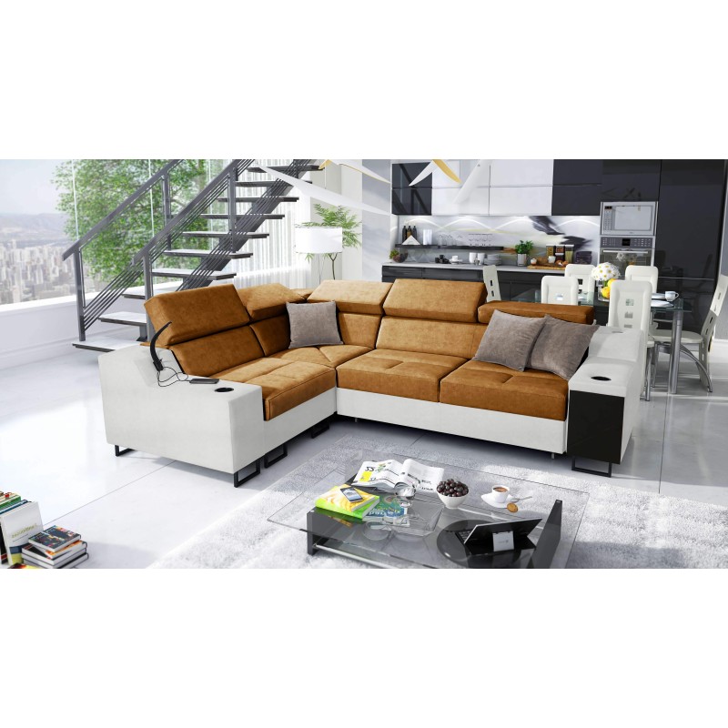 Avanti II corner sofa with a sleeping function and a lamp with a USB port, Whisper 9 fabric + Eco-leather Avanti II corner sofa with a sleeping function and a lamp with a USB port, Whisper 9 fabric + Eco-leather