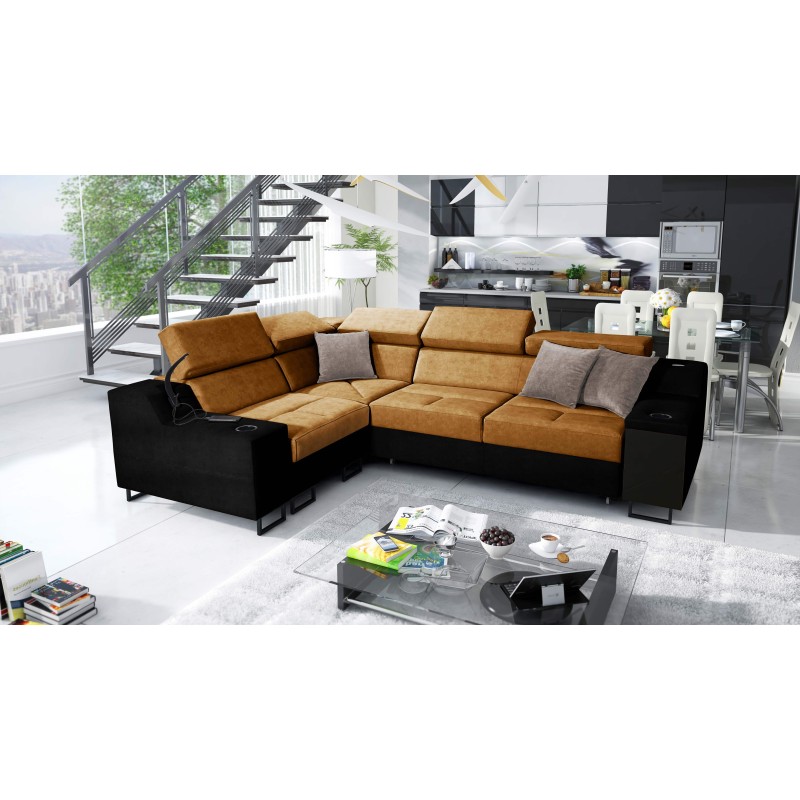 Avanti II corner sofa with a sleeping function and a lamp with a USB port, Whisper 9 fabric + black eco-leather Avanti II corner sofa with a sleeping function and a lamp with a USB port, Whisper 9 fabric + black eco-leather