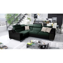 Avanti II Ecksofa mit Schlaffunktion und Lampe mit USB-Anschluss, Stoff Whisper 11 + schwarzes Ökoleder Avanti II Ecksofa mit Schlaffunktion und Lampe mit USB-Anschluss, Stoff Whisper 11 + schwarzes Ökoleder