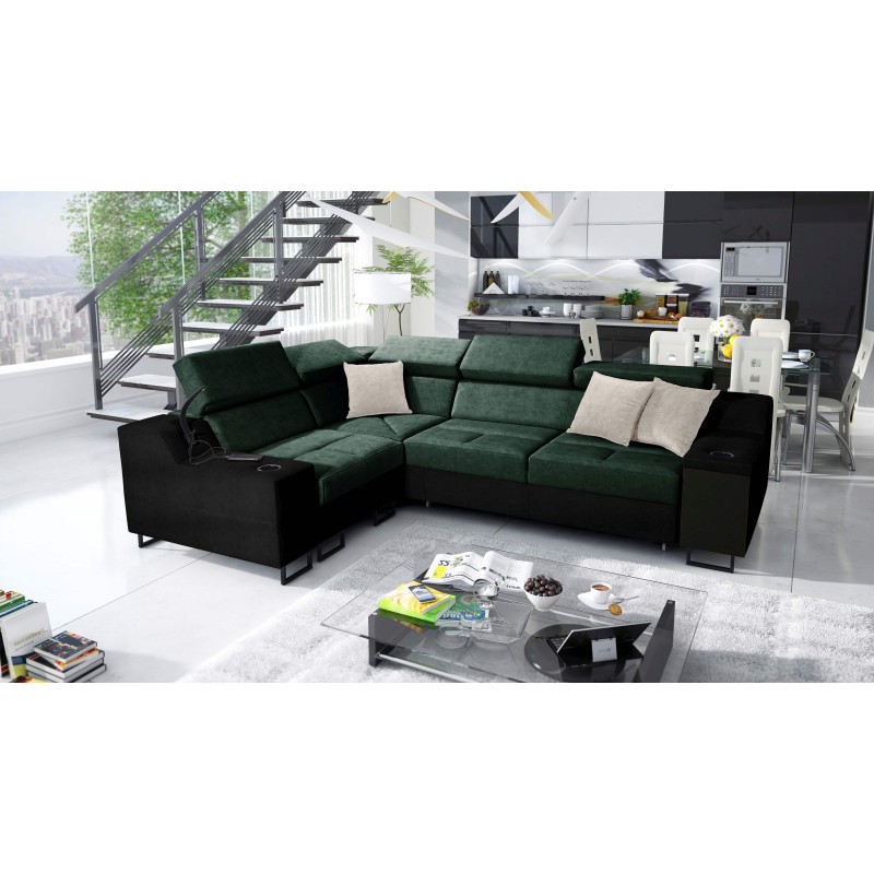 Avanti II corner sofa with a sleeping function and a lamp with a USB port, fabric Whisper 11 + black Ecoskin. Avanti II corner sofa with a sleeping function and a lamp with a USB port, fabric Whisper 11 + black Ecoskin.
