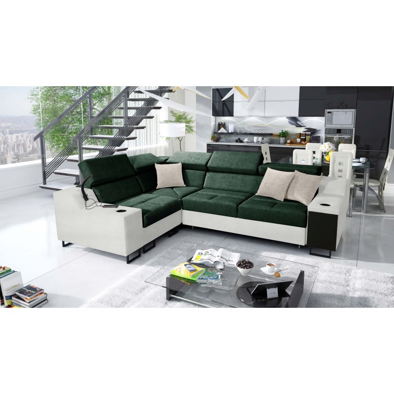 Avanti II corner sofa with a sleeping function and a lamp with a USB port, fabric Whisper 11 + Eco-leather Avanti II corner sofa with a sleeping function and a lamp with a USB port, fabric Whisper 11 + Eco-leather