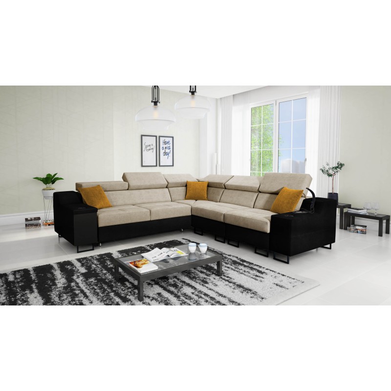 Avanti III corner sofa with a sleeping function and a lamp with a USB port, fabric Whisper 3 + black eco-leather Avanti III corner sofa with a sleeping function and a lamp with a USB port, fabric Whisper 3 + black eco-leather