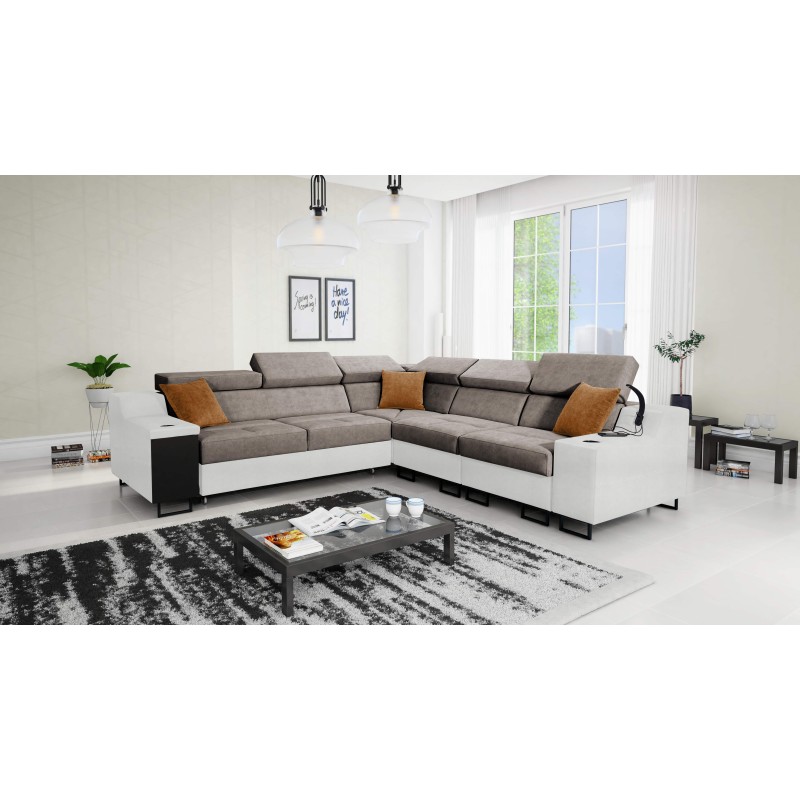 Avanti III corner sofa with a sleeping function and a lamp with a USB port, fabric Whisper 5 + Eco-leather Avanti III corner sofa with a sleeping function and a lamp with a USB port, fabric Whisper 5 + Eco-leather