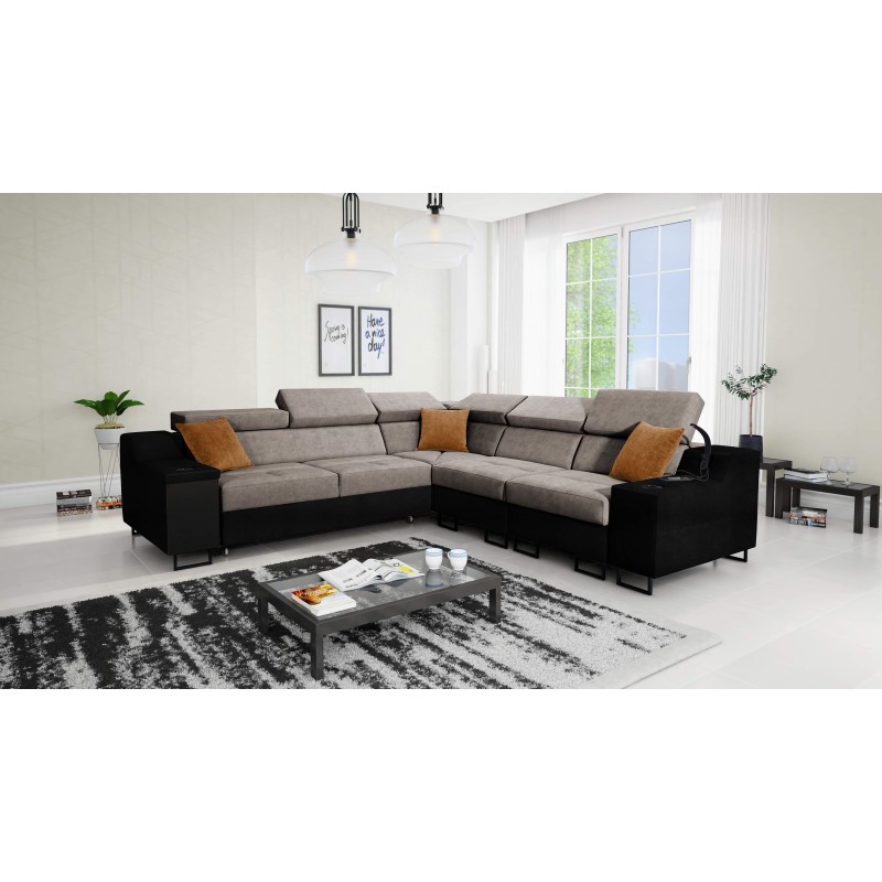 Avanti III corner sofa with a sleeping function and a lamp with a USB port, fabric Whisper 5 + black eco-leather Avanti III corner sofa with a sleeping function and a lamp with a USB port, fabric Whisper 5 + black eco-leather