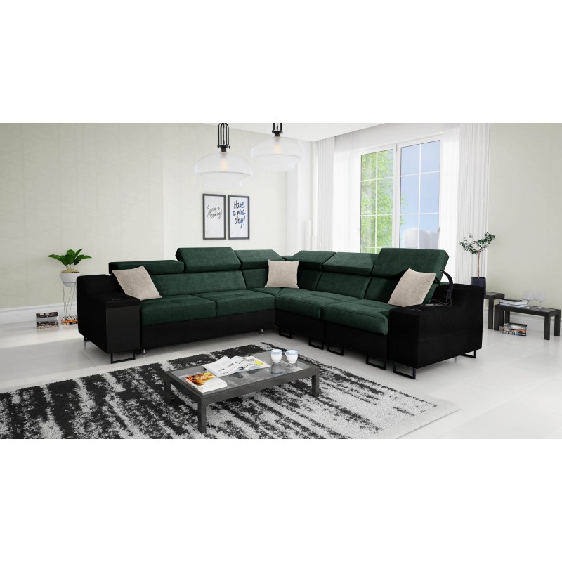 Avanti III corner sofa with a sleeping function and a lamp with a USB port, fabric Whisper 11 + black eco-leather. Avanti III corner sofa with a sleeping function and a lamp with a USB port, fabric Whisper 11 + black eco-leather.