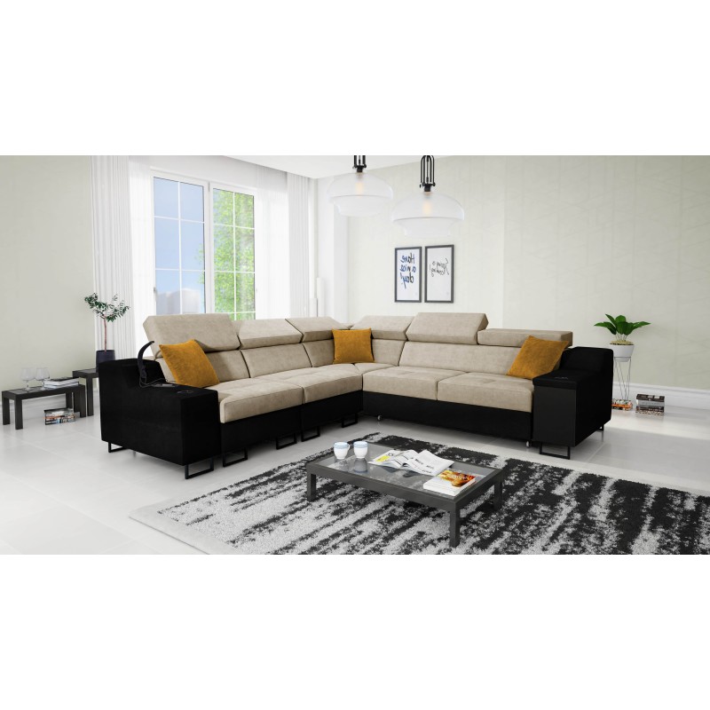 Avanti III corner sofa with a sleeping function and a lamp with a USB port, fabric Whisper 3 + black eco-leather Avanti III corner sofa with a sleeping function and a lamp with a USB port, fabric Whisper 3 + black eco-leather