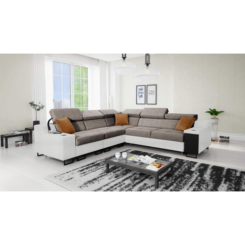 Avanti III corner sofa with a sleeping function and a lamp with a USB port, fabric Whisper 5 + Eco-leather Avanti III corner sofa with a sleeping function and a lamp with a USB port, fabric Whisper 5 + Eco-leather