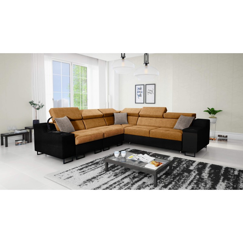 Avanti III corner sofa with a sleeping function and a lamp with a USB port, Whisper 9 fabric + black eco-leather Avanti III corner sofa with a sleeping function and a lamp with a USB port, Whisper 9 fabric + black eco-leather