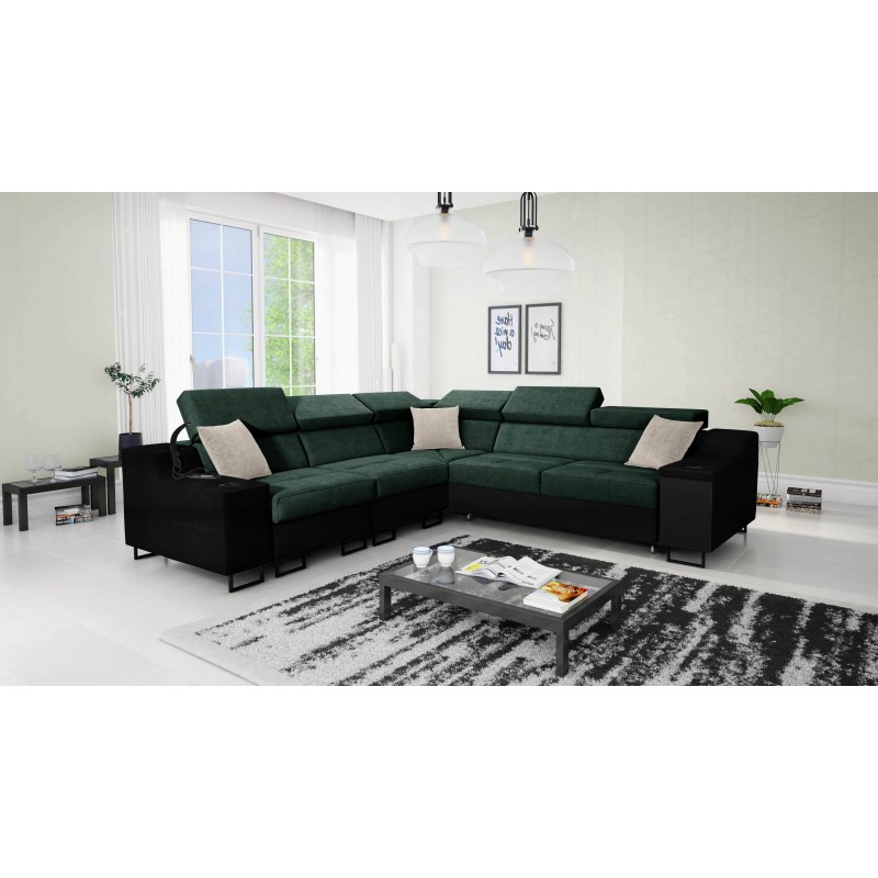 Avanti III corner sofa with a sleeping function and a lamp with a USB port, fabric Whisper 11 + black eco-leather. Avanti III corner sofa with a sleeping function and a lamp with a USB port, fabric Whisper 11 + black eco-leather.