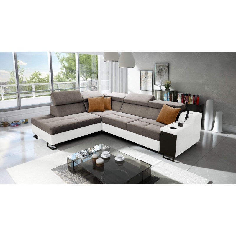 Avanti VII corner sofa with sleeping function and lamp with USB port, fabric Whisper 5 + Eco-leather Avanti VII corner sofa with sleeping function and lamp with USB port, fabric Whisper 5 + Eco-leather