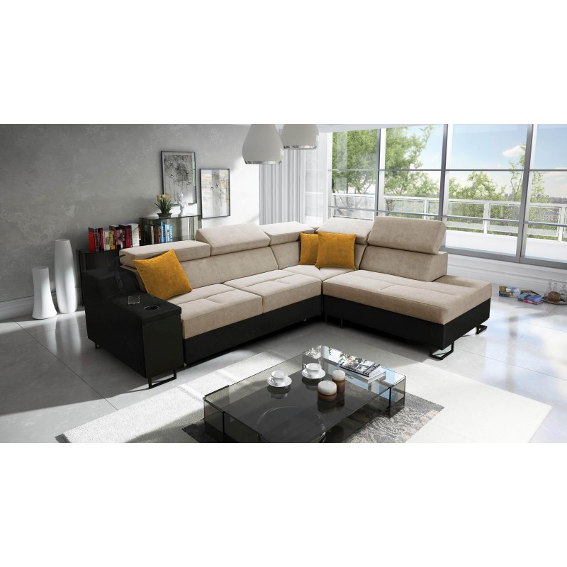 Avanti VII corner sofa with sleeping function and a lamp with a USB port, fabric Whisper 3 + black eco-leather Avanti VII corner sofa with sleeping function and a lamp with a USB port, fabric Whisper 3 + black eco-leather