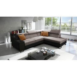 Avanti VII corner sofa with sleeping function and lamp with USB port in Whisper 5 fabric + black eco-leather