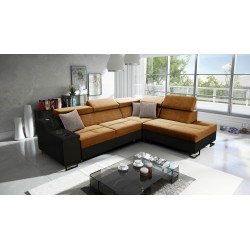 Avanti VII corner sofa with sleeping function and lamp with USB port fabric Whisper 9 + black eco-leather