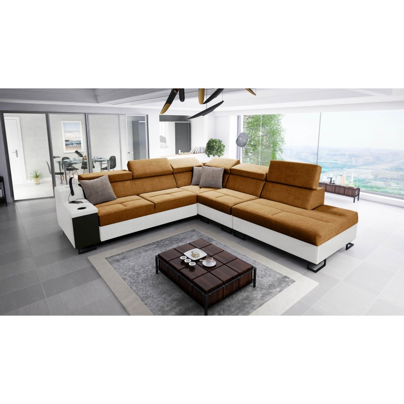 Avanti IX corner sofa with sleeping function and USB port lamp, fabric Whisper 3 + black eco-leather Avanti IX corner sofa with sleeping function and USB port lamp, fabric Whisper 3 + black eco-leather
