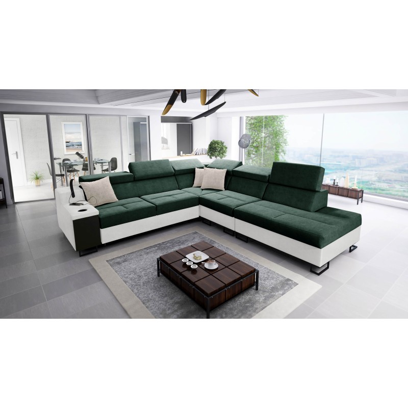 Ecksofa Avanti IX mit Schlaffunktion und Lampe mit USB-Anschluss, Stoff Whisper 5 + schwarzes Kunstleder Ecksofa Avanti IX mit Schlaffunktion und Lampe mit USB-Anschluss, Stoff Whisper 5 + schwarzes Kunstleder