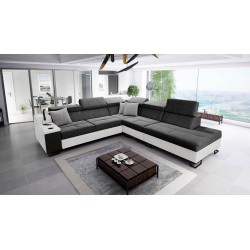 Avanti IX corner sofa with sleeping function and lamp with USB port, fabric Whisper 9 + black eco-leather