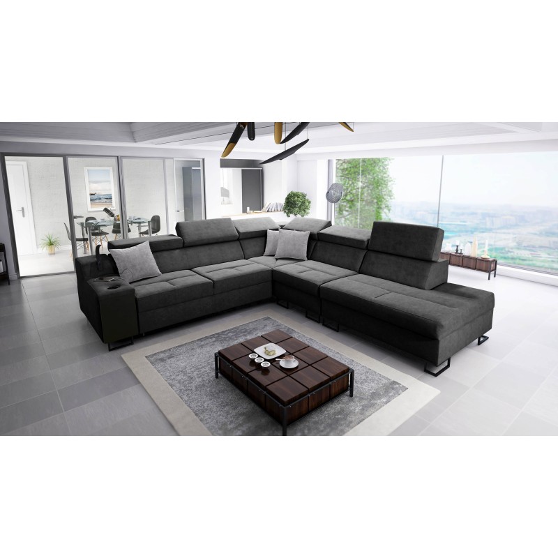 Avanti IX sectional sofa with a sleeping function and a lamp with a USB port, Whisper 11 fabric + black eco-leather Avanti IX sectional sofa with a sleeping function and a lamp with a USB port, Whisper 11 fabric + black eco-leather