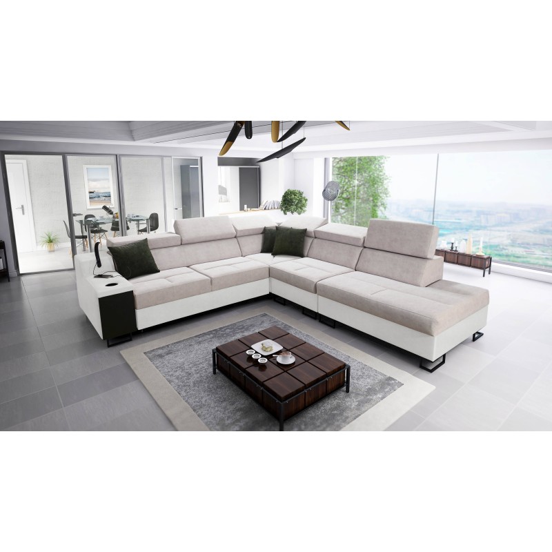 Avanti IX corner sofa with a sleeping function and a lamp with a USB port, fabric Whisper 11 + Eco-leather Avanti IX corner sofa with a sleeping function and a lamp with a USB port, fabric Whisper 11 + Eco-leather