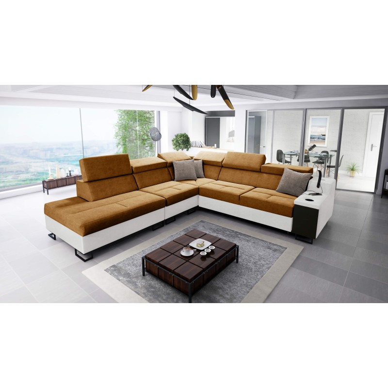 Avanti IX corner sofa with sleeping function and USB port lamp, fabric Whisper 3 + black eco-leather Avanti IX corner sofa with sleeping function and USB port lamp, fabric Whisper 3 + black eco-leather