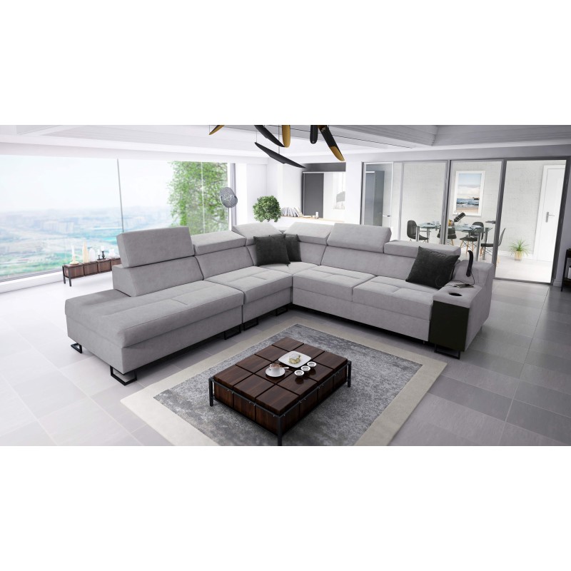 Avanti IX corner sofa with a sleeping function and a lamp with a USB port, fabric Sawana 96 + Eco-leather Avanti IX corner sofa with a sleeping function and a lamp with a USB port, fabric Sawana 96 + Eco-leather