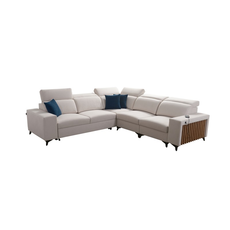 Das Ecksofa Alto III mit Latten, Schlaffunktion und verstellbaren Kopfstützen in Stoff Plecionka, Sawana 25. Das Ecksofa Alto III mit Latten, Schlaffunktion und verstellbaren Kopfstützen in Stoff Plecionka, Sawana 25.