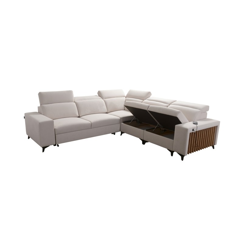 Das Ecksofa Alto III mit Latten, Schlaffunktion und verstellbaren Kopfstützen in Stoff Plecionka, Sawana 25. Das Ecksofa Alto III mit Latten, Schlaffunktion und verstellbaren Kopfstützen in Stoff Plecionka, Sawana 25.