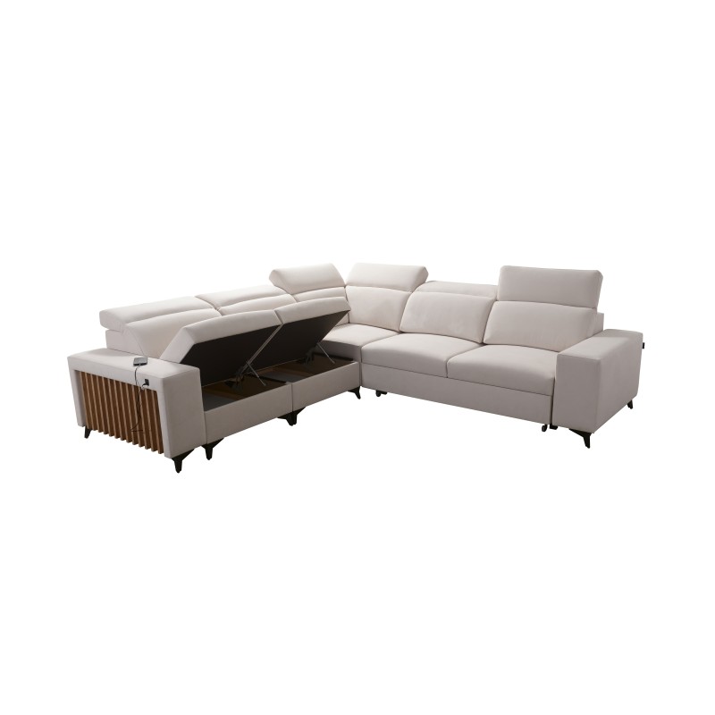 Das Ecksofa Alto III mit Latten, Schlaffunktion und verstellbaren Kopfstützen in Stoff Plecionka, Sawana 25. Das Ecksofa Alto III mit Latten, Schlaffunktion und verstellbaren Kopfstützen in Stoff Plecionka, Sawana 25.