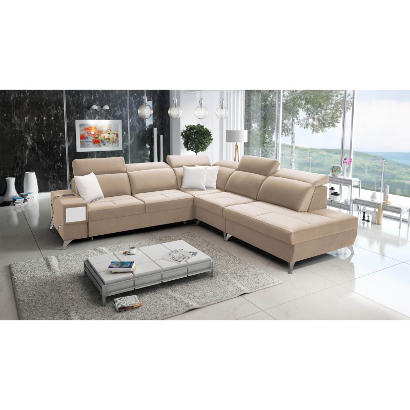 Sofá esquinero Porto IX con función de cama | Terciopelo | Hidrofóbico, Casablanca 2304 | Reposacabezas ajustables | Puerto USB Sofá esquinero Porto IX con función de cama | Terciopelo | Hidrofóbico, Casablanca 2304 | Reposacabezas ajustables | Puerto USB