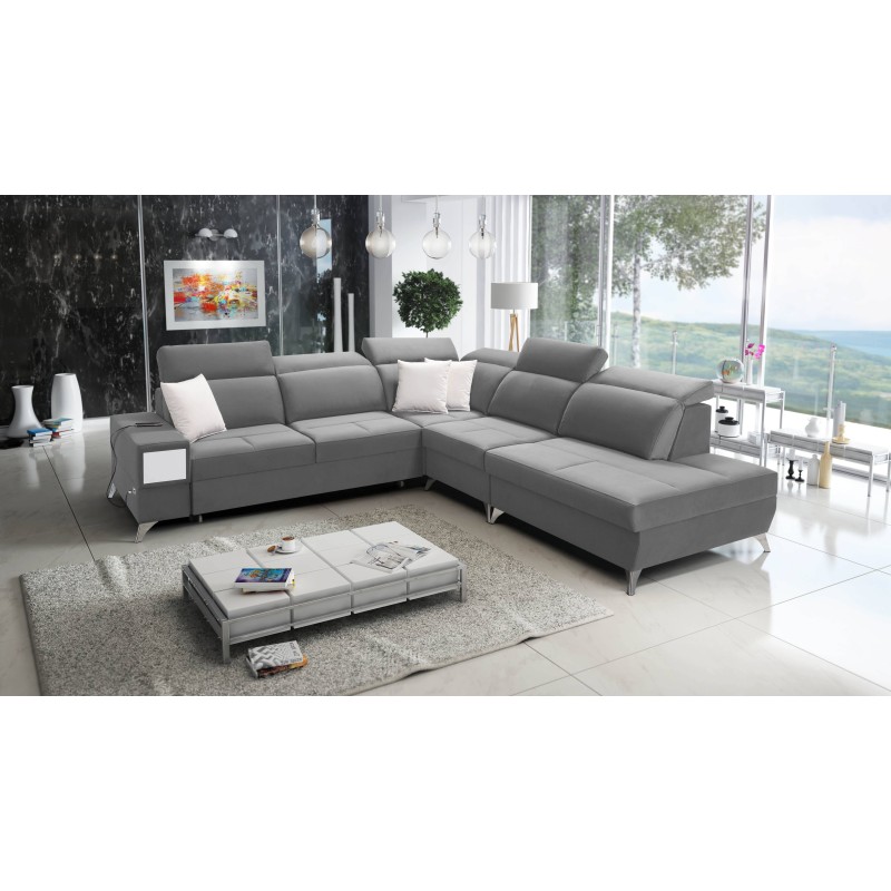 Porto IX Corner Sofa with Sleeping Function | Velvet | Water-Repellent, Casablanca 2314 | Adjustable Headrests | USB Port