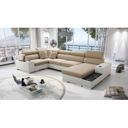 Narożnik w kształcie U Napoli IV Mini z funkcją spania oraz otwieranym barkiem Tkanina Amor Velvet 4302 + Ecoskóra