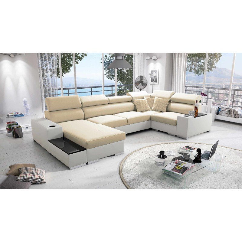 Narożnik w kształcie U Napoli IV Mini z funkcją spania oraz otwieranym barkiem Tkanina Amor Velvet 4302 + Ecoskóra