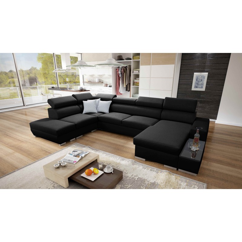 U-shaped corner sofa Napoli VI with a sleeping function and bar - Wicker, Sawana 14 + Eco-leather