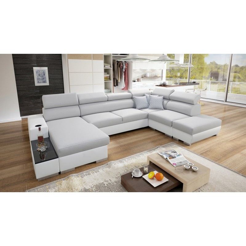 U-shaped Napoli VI sectional sofa with sleeping function and bar - Woven, Lexo 6601 + Eco-leather + Eco-leather