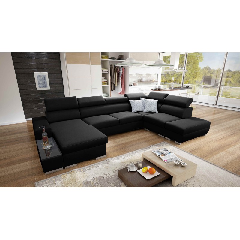 U-shaped corner sofa Napoli VI with a sleeping function and bar - Wicker, Sawana 14 + Eco-leather