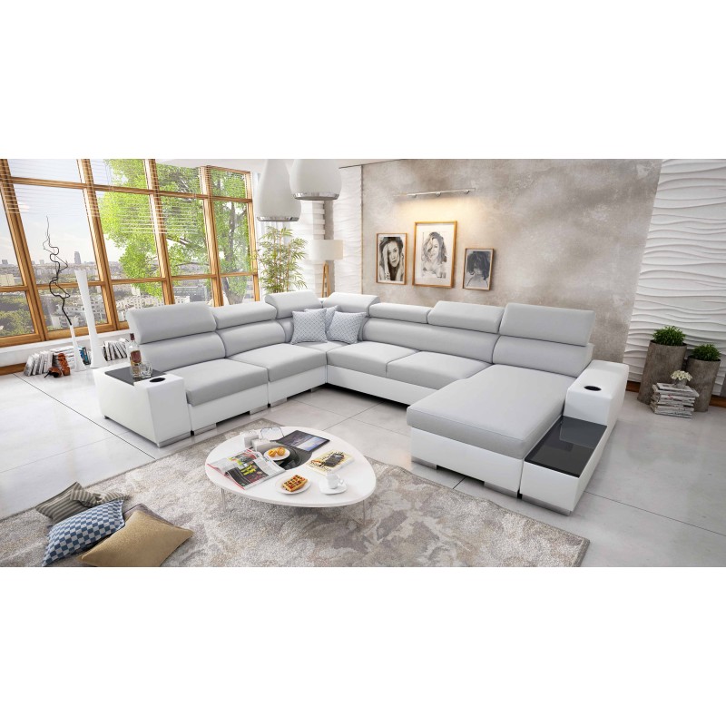 U-shaped Napoli VIII sectional sofa with sleeping function – Woven fabric, Lexo 6601 + Eco-leather + Eco-leather