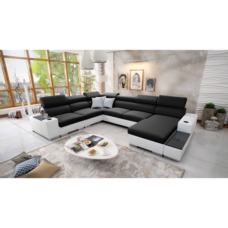 U-shaped corner sofa Napoli VIII with a sleeping function – Woven Fabric, Sawana 14 + Eco-leather + Eco-leather