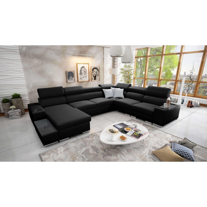 U-shaped corner sofa Napoli VIII with sleeping function – Woven, Sawana 14 + Eco-leather