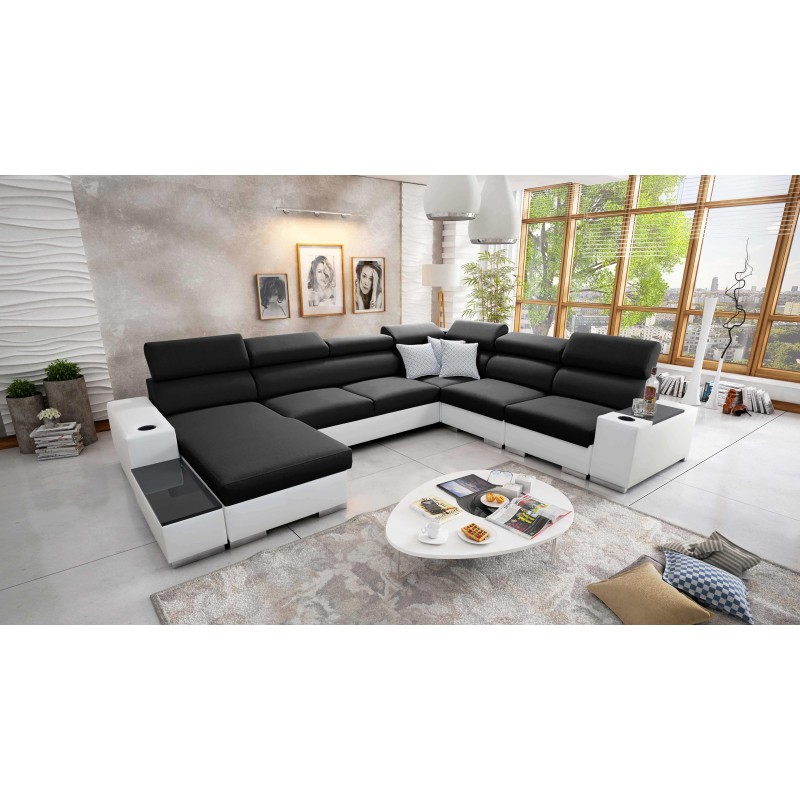 U-shaped corner sofa Napoli VIII with a sleeping function – Woven Fabric, Sawana 14 + Eco-leather + Eco-leather