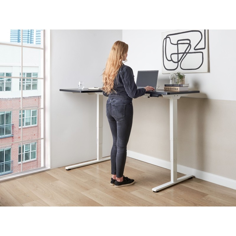 Biurko narożne lewe regulowane elektrycznie 160 x 59 cm biało-czarne DESTINES Biurko narożne lewe regulowane elektrycznie 160 x 59 cm biało-czarne DESTINES
