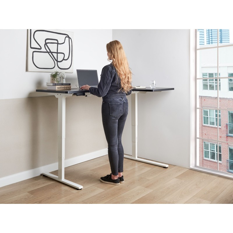 Biurko narożne prawe regulowane elektrycznie 160 x 59 cm biało-czarne DESTINES Biurko narożne prawe regulowane elektrycznie 160 x 59 cm biało-czarne DESTINES