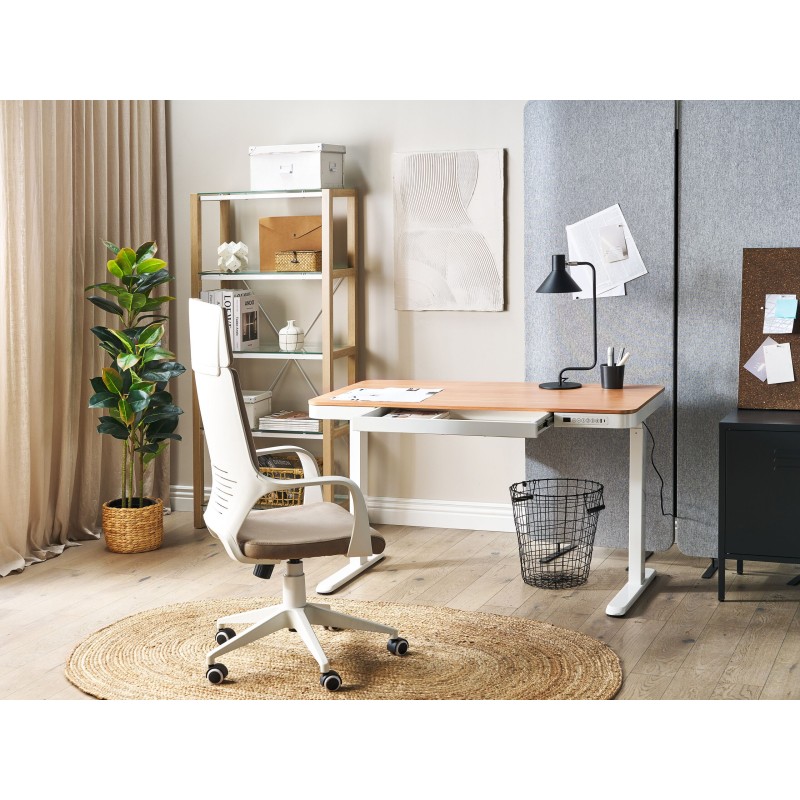 Biurko regulowane elektrycznie 120 x 60 cm z portem USB jasne drewno z białym KENLY Biurko regulowane elektrycznie 120 x 60 cm z portem USB jasne drewno z białym KENLY