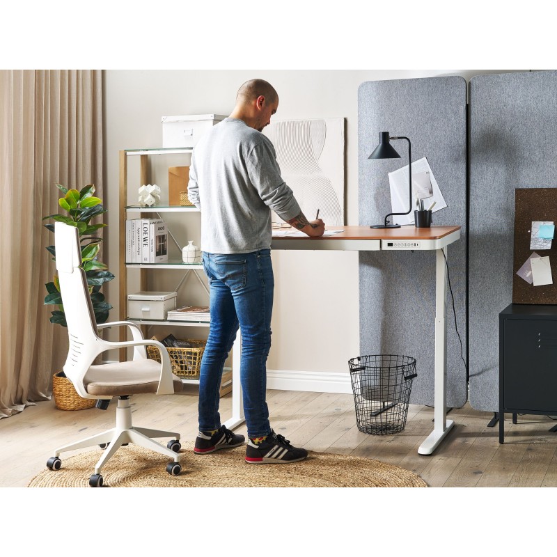 Biurko regulowane elektrycznie 120 x 60 cm z portem USB jasne drewno z białym KENLY Biurko regulowane elektrycznie 120 x 60 cm z portem USB jasne drewno z białym KENLY